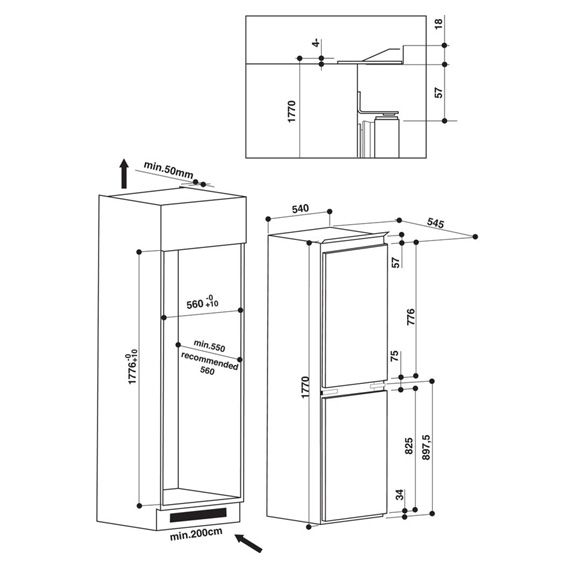 integrated fridge freezer 50 50 door sizes