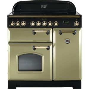 Rangemaster 114730 Classic Deluxe Ceramic 90cm Electric Range Cooker Olive green and Brass