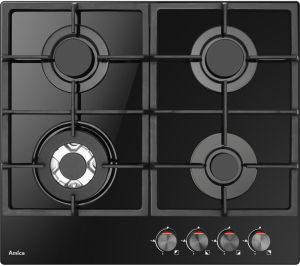 Amica AGVH6250BL 60cm 4 burners inc wok , cast iron ,front cntrl, LPG jets included, black glass